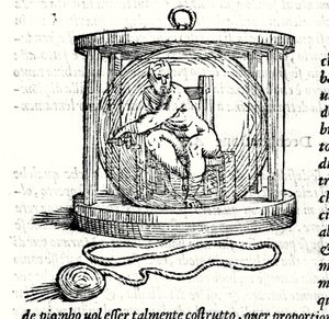 O segundo fato de Nicoli Fontana chamado Tartaglia (1499 - 1557). Ele fornece uma esfera de cristal na qual o mergulhador se fecha. Gravura do século XVI. de Unknown artist