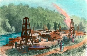 Poços de petróleo na Fazenda Tarr, na Pensilvânia, EUA. Gravura do século XIX. Coleção particular de Unknown artist