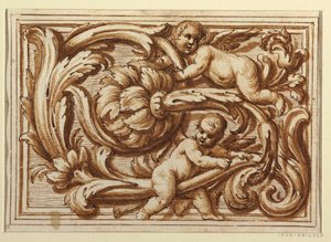 Um de um conjunto de desenhos para uma folha de rosto e decoração de um painel horizontal de Unknown artist