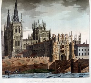 Fora da Catedral Gótica de Santa Maria em Burgos, na Espanha. Litografia do século XIX. de Unknown artist