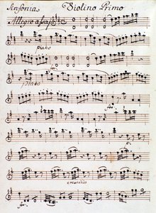 Página das partituras para o primeiro violino da Sinfonia nº 4 em D, de Mozart (1765) de Unknown artist