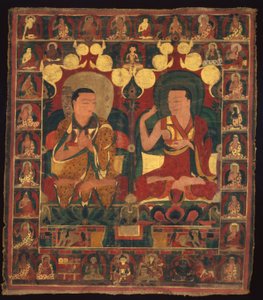 Estandarte pintado (Thangka) da pintura da linhagem de dois Lamas em debate de Unknown artist
