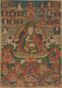 Estandarte pintado (Thangka) do Sábio Guru Padmasambhava sentado segurando um raio (Vajra) e uma taça de crânio (Kapala) de Unknown artist