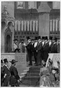 Paris 1890: Instalação de Zadoc Kahn (Zadoc-Kahn) (1839-1905) grande rabino da França. Monsieur Alphonse de Rothschild (1827-1905) lendo a ordem de nomeação. de Unknown artist