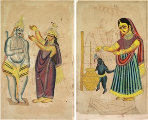 Parvati colocando uma guirlanda de casamento em Shiva (reto); Manteiga Agitada Yasoda (verso) de Unknown artist