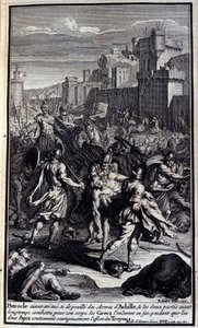 Tendo sido morto, e despojado das armas de Aquiles, e tendo os dois partidos lutado durante muito tempo pelo seu corpo, os gregos finalmente levaram-no, enquanto os dois Ajax apoiaram corajosamente o esforço dos troianos; Ilustração do livro XVII da Ilíada de Unknown artist