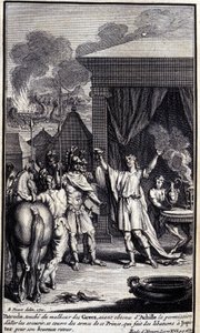 Patroclus, toca a desgraça dos gregos, tendo obtido permissão de Aquiles para ir resgatá-los, cobre-se com as armas deste príncipe, que faz libações a Júpiter para o seu feliz regresso. Ilustração do livro XVI da Ilíada de H de Unknown artist