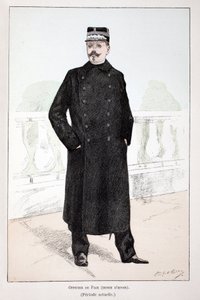 Oficial da paz, vestido de inverno (período Lepine). Gravura colorida, para ilustração do livro "Histoire du corps des gardiens de la paix" publicado sob os auspícios de Louis Lepine (1846-1933) prefet de police de la Seine, de Alfred Rey (1864-?) e Lou de Unknown artist