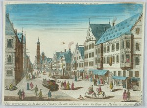 Peep-show, vista em perspectiva da rua dos pintores da costa inferior em direção à torre Perlac em Augsburg de Unknown artist
