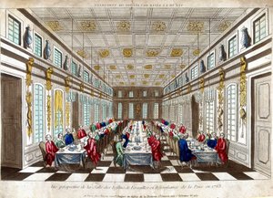 Perspectiva da Salle des Festins de Versailles em celebração da paz em 1763 entre a Grã-Bretanha, França e Espanha. de Unknown artist