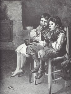 Pobres rapazes a comer, finais do século XIX (gravura em madeira) de Unknown artist