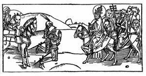 O Papa Leão I encontra Átila e o detém - Gravura de "Leben der Heiligen - sommerteil" (O livro do santo) de Jacobus (Tiago) de Voragine (1228-1298). Lubeck 1488. de Unknown artist