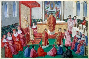 O Papa Sisto IV (1414-1484) assiste à Missa na Capela Sistina, no decúbito miniatura do Vaticano do século XV. Sol 0,1x0,16 m Chantilly, musee Conde de Unknown artist