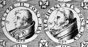 Papas Victor II (ou Victor 2 morreu 1057) e Stephen IX (ou Stephane 9 morreu 1058). Gravura do século XVIII. de Unknown artist