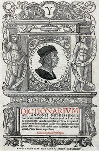 Retrato de Antonio Martinez de Cala disse Antonio de Nebrija (1441-1522) humanista e gramático espanhol. Guardpage de seu dicionário, publicado em 1536. Biblioteca Nacional de Madrid. de Unknown artist