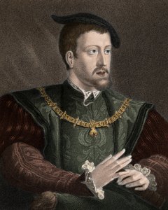 Retrato do Imperador Carlos V (1500-1558) com o colar da Ordem do Velo de Ouro - Carlos V (1500-1558) usando a corrente da Ordem do Velo de Ouro ao pescoço - gravura - século XIX de Unknown artist