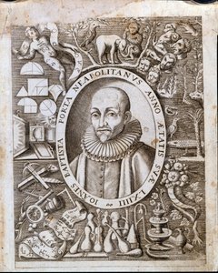 Retrato de Giambattista (João Batista, João Batista) della Porta (1535 - 1615) no frontispício de "Magiae Naturalis". Século XVII. de Unknown artist