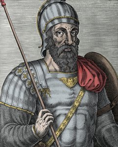 Retrato de Godfrey de Bouillon (Godefroy de Bouillon) (1040/61-1100), cavaleiro franco, um dos líderes da Primeira Cruzada - Gravura do século XVI de Unknown artist