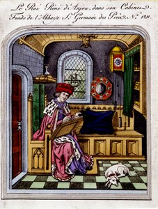 Retrato do Rei René de Anjou (1409-1480)" também chama René I de Nápoles ou René da Sicília, em seu gabinete - gravura após uma miniatura de Unknown artist