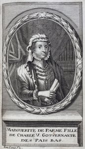 Retrato de Margarita de Parma (ou Margarita da Áustria) (1522-1586), Duquesa de Parma e Piacenza, filha natural de Carlos V (1500-1558) e governanta da Holanda (Holanda) de 1559-1581. Gravura para ilustrar a "História da Guerra de Fla de Unknown artist