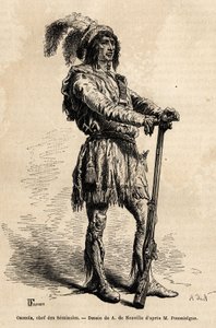 Retrato de Osceola (1804-1838), líder dos seminoles, à frente da resistência indiana contra os Estados Unidos durante a Guerra da Flórida (1835-1842). Gravura para ilustrar a história quatro meses na Flórida, de Achille Pousselgue em 1851-1852, publicado de Unknown artist