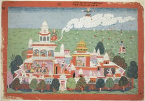 Pradyumna entra no palácio do demónio Sambar e desafia-o para a batalha, página de um manuscrito disperso do Bhagavata Purana de Unknown artist