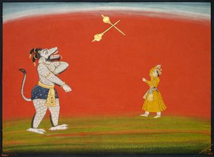 Pradyumna e Samvara lutam com Max: Folha do "Grande Basohli Bhagavata Purana" de Unknown artist