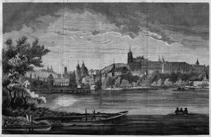 Praga, vista do bairro da igreja de São Nicolau de la Kleinseite e do bairro do castelo (Hradcany) que inclui o palácio real, 3 igrejas, um mosteiro e a Catedral de São Guy. Em "Lunivers illustré", no dia 08/08/1866. de Unknown artist