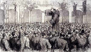 Predicação de um monge capuchinho aos pelerins que vieram a Lourdes nos altos Pirenéus, onde a Virgem apareceu a Bernadette Soubirous (1844-1879) em 1858, atual local de peregrinação. Gravura de 1877 de Unknown artist