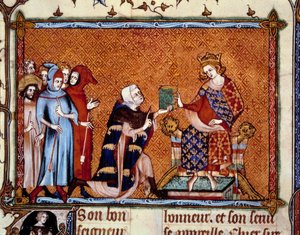 Apresentação do livro: Jean de Joinville (1224-1317) oferece seu livro a Louis King of Navarre futuro Louis X o hutin. Miniatura em "Vie de Saint Louis". de Unknown artist