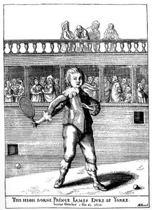 Príncipe James, Duque de York (1633-1701) jogando palm game, ele voltou mais tarde como James II da Inglaterra (James II Stuart) - em "the sports and pastimes of the people of England" por Joseph Strutt, ed 1801 de Unknown artist