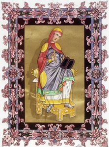 Radegonde (ca. 520 - 587), rainha da França, esposa de Clotaire (Clothaire) I. Cromolitografia do século XIX baseada na iluminação. de Unknown artist