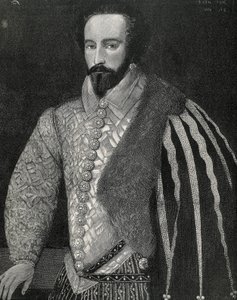Raleigh, Sir Walter (1554-1618). Marinheiro, explorador e corretor inglês. Retrato de Sir Walter Raleigh. Gravado em 1891, executado a partir de um original anónimo que se encontra na National Portrait Gallery de Londres. Gravura. de Unknown artist