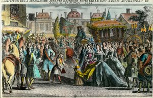 Recepção do infante de Espanha Marie Anne Victoire (1718-1781) pelo Rei Luís XV em Paris, no Louvre, a 2 de Março de 1722. Mariana Victoria de Borbon foi noiva aos 3 anos de idade para Luís XV aos 11 anos de idade. Gravura do século XVIII. Coleção privada de Unknown artist