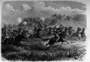 Red Skin Riders a atacar uma diligência na Pradaria. Gravação em "Le journal de la jeunesse". de Unknown artist