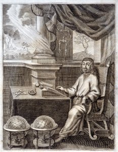 René Descartes (1596 - 1650) no seu escritório com equipamento científico. Gravura do século XVII. de Unknown artist