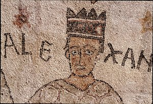 Representação de Alexandre o Grande (356-323 AC), Rei de Macedoine e conquistador da Pérsia, cercou a fauna indiana durante a conquete da Índia. Pavimento de Pantaleone (ou Pantaleão de Unknown artist