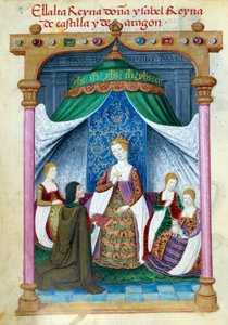 Representação da Rainha Isabel de Portugal Isabel de Aragão (1271-1336) rodeada pelos seus companheiros e Pedro Marcuello que lhe oferece o seu livro. Página manuscrita retirada da "Colecção de devoção da Rainha Joana o Folle (1479-1555) de Espanha" por de Unknown artist