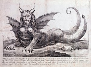 Representação de uma harpia, um monstro encontrado num lago peruano: tem rosto humano, chifres, asas de dragão, juba de leão, corpo de réptil, seios de mulher (estampa 1784) de Unknown artist