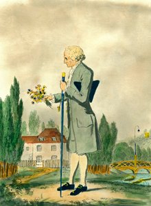 Representação do filósofo suíço Jean Jacques Rousseau (1712-1778) colhendo flores em Ermenonville. Gravura do século XVIII. Coleção particular. de Unknown artist
