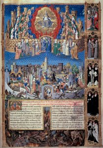 Representação da cidade de Deus (celeste) e da cidade dos homens (terrestre) Miniatura tirada de "De civitate dei" (A cidade de Deus) por Santo Agostinho de Hipona (354-430), traduzida por Raoul de Presles por volta de 1480. Biblioteca Municipal de Macon de Unknown artist