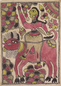 Cavaleiro e criatura bovina de quatro patas na paleta malva, chartreuse e preta de Unknown artist