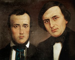 Risorgimento: retrato dos irmãos Attilio Bandiera (1810-1844) e Emilio Bandiera (1819-1844). Pintura anônima. Roma do século XIX, Istituto Storia Risorgimento de Unknown artist