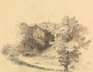 Paisagem fluvial com a cidade na distância de Unknown artist