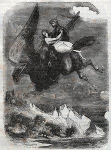 Roger (Ruggero, Ruggiero) e Angelique (Angelica) sobre o hipocampo - Gravura de 1851 de "Roland furieux" (Orlando furioso) (século XVI) de Ludovico Ariosto, conhecido como Ariosto - Edição traduzida do italiano pelo Conde de Tressan e publishe de Unknown artist