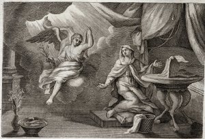 Bíblia de Royaumont, Novo Testamento: Anunciação da Virgem. O Arcanjo Gabriel veio para entregar uma mensagem a Maria. Ilustração de 1811. de Unknown artist