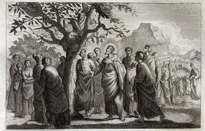 Bíblia de Royaumont, Novo Testamento: Conversão de Zachee. Jesus Cristo falando com Zachee empoleirando-se no plátano. Ilustração de 1811. de Unknown artist