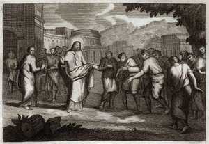 Bíblia de Royaumont, Novo Testamento: Os Dez Leprosos. Jesus Cristo guerreia os Dez Leprosos. Ilustração de 1811. de Unknown artist