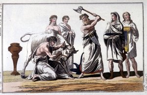 Sacrifício de um touro entre os celtas. Gravura do século XIX. de Unknown artist