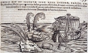 Marinheiros jogam barris no mar para distrair monstros em perseguição. Gravura em "Historia Animalium" de Conrad Gesner (1516-1565), Tiguri de Unknown artist